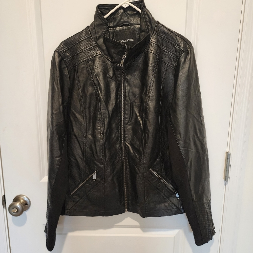 Maurices Faux Leather Jacket Black Moto Biker Knit Stretch Zippers Quilted 2x